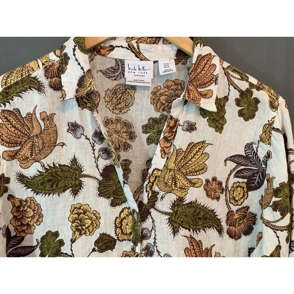 Nicole Miller European Flax Linen Shirt XL Earthy Floral Bird Button-up Roll-tab - Picture 9 of 14